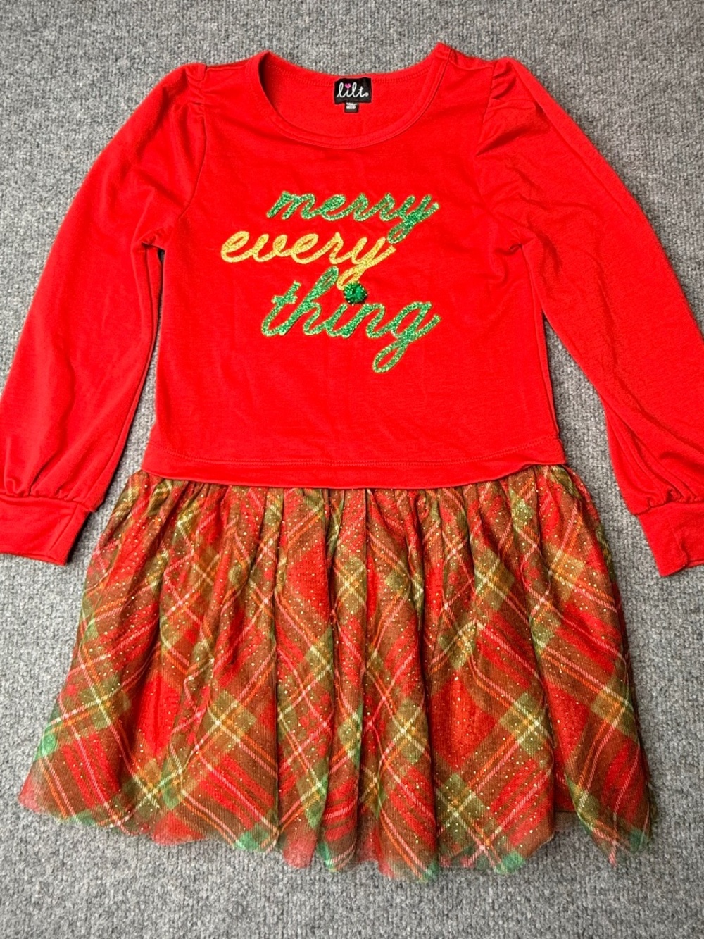 Lilt Red Green Gold Merry Everything Long Sleeve Holiday Dress girls medium 7/8